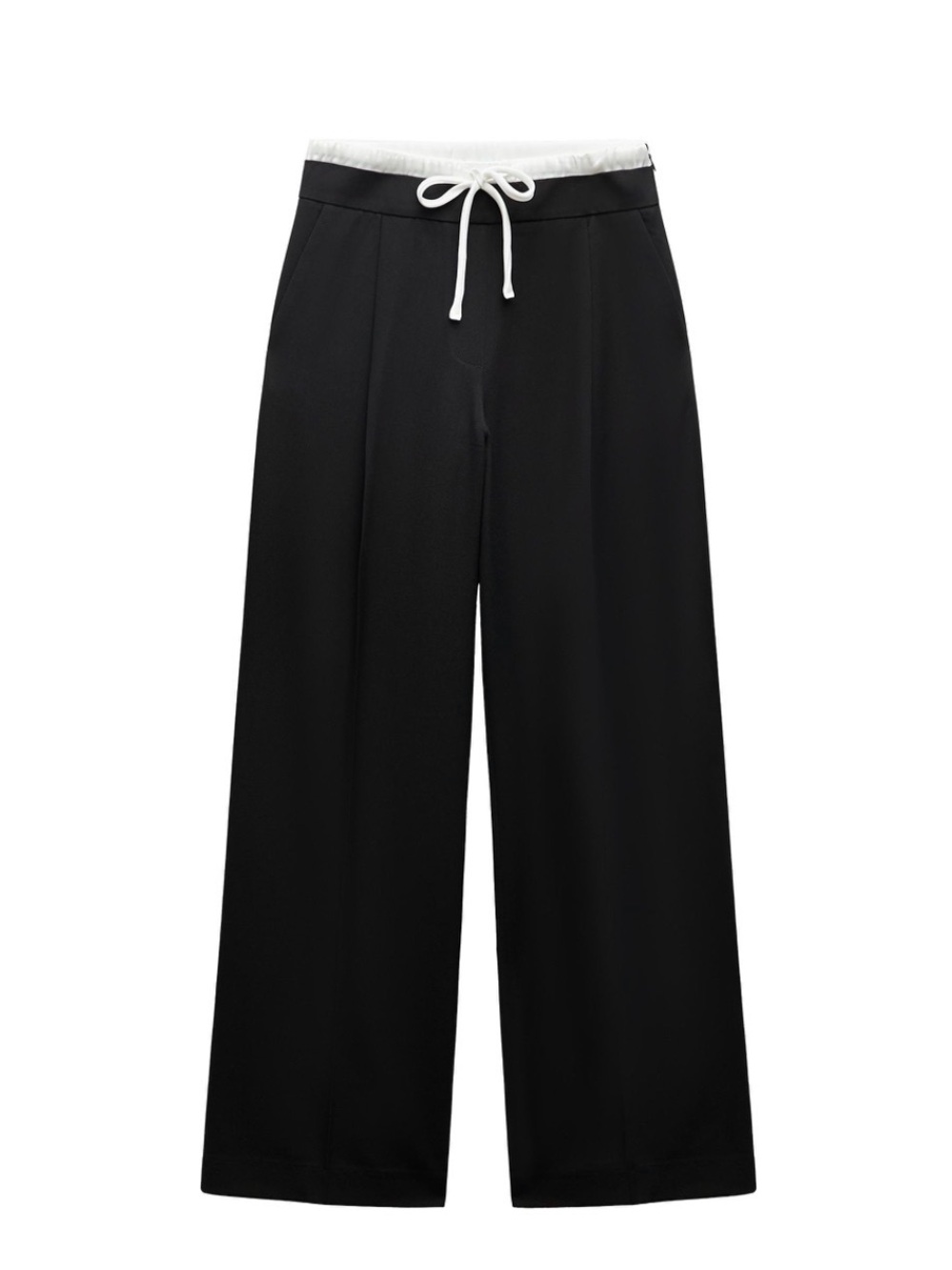 Zara Black Wide-Leg Drawstring Pants with White Waist size M